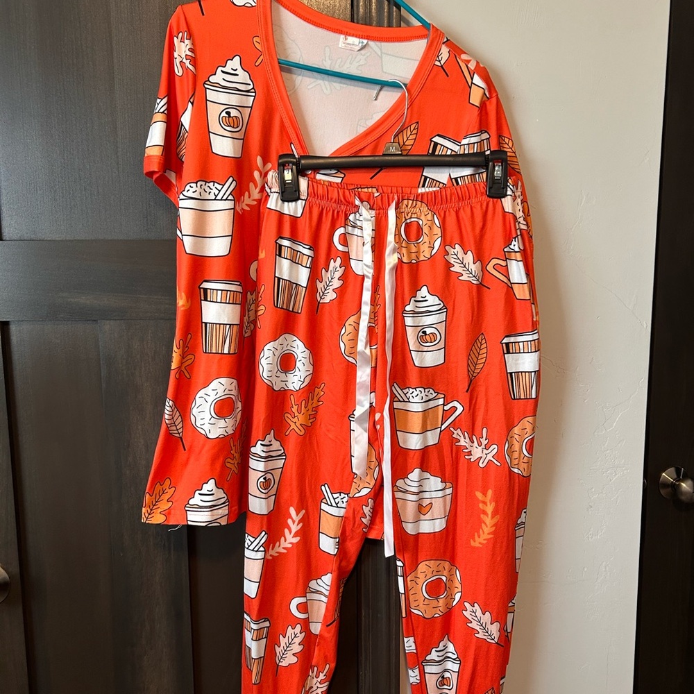 Shirley & Stone Women's Coffee Print Pajama Set - Orange